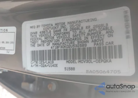 2002 Toyota Camry Xle V6 from USA, damaged, VIN 4T1BF30K02U532589